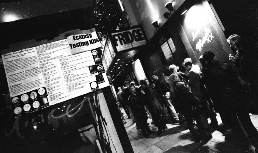 Ecstasy testing outside nightclub, Brixton, 1998.