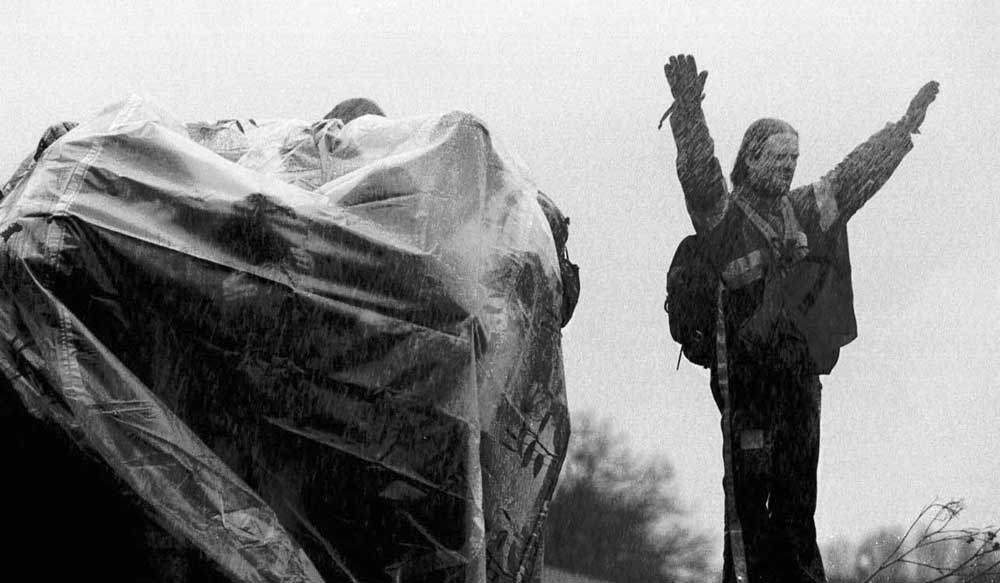 Water cannon being used to deter German activists attempting to halt nuclear transport train.